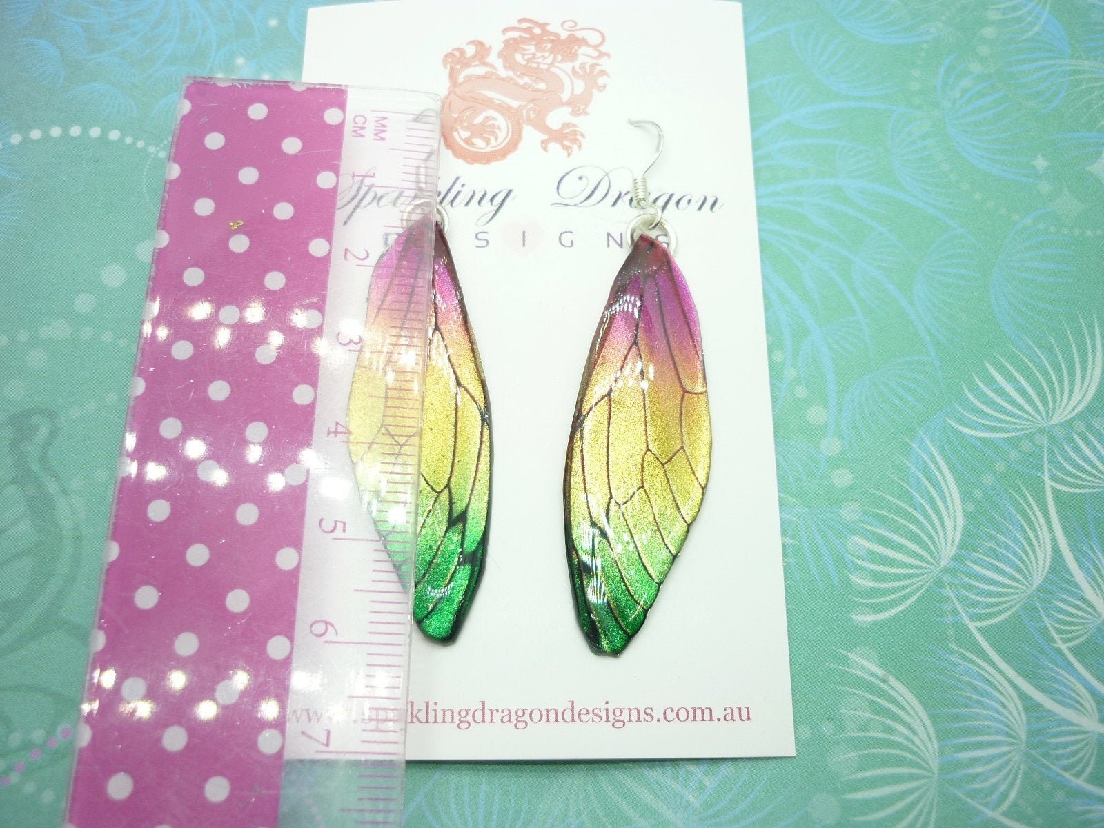 Butterfly Wing Pink, Yellow & Green Earrings - Fairy Jewellery, Fun Gift for her Fairy Wing Earrings - Sparkly - Resin with Glitter Finish - Image 3