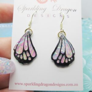 Butterfly Wings Earrings Colour Shift Pink/Green, Small - Fairy Jewellery, Fairy Wing Earrings - Sparkly - Resin with Glitter Finish