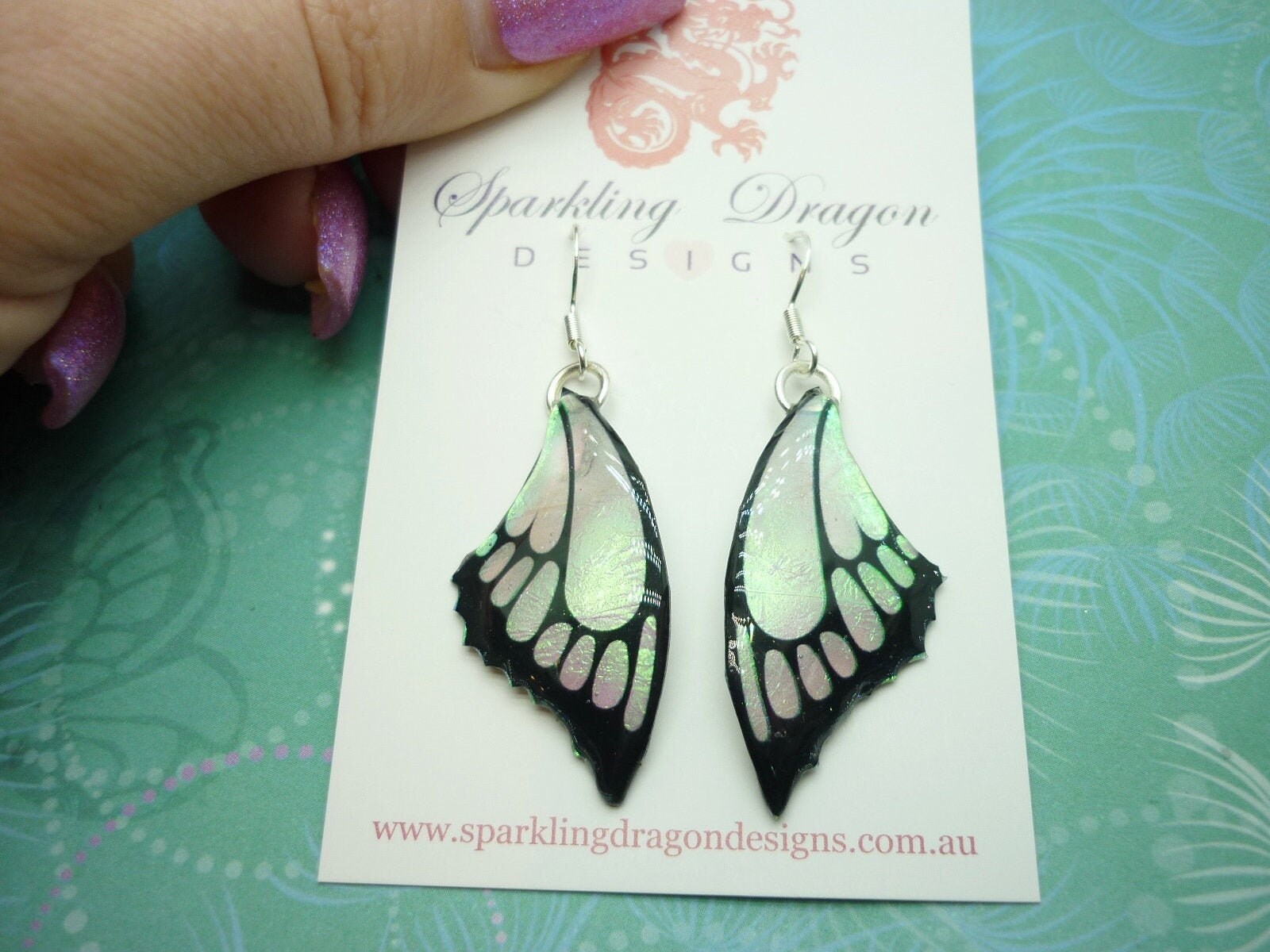 Butterfly Wings with Point Earrings Colour Shift Pink & Green - Fairy Jewellery, Fairy Wing Earrings - Sparkly - Resin with Glitter Finish - Image 6