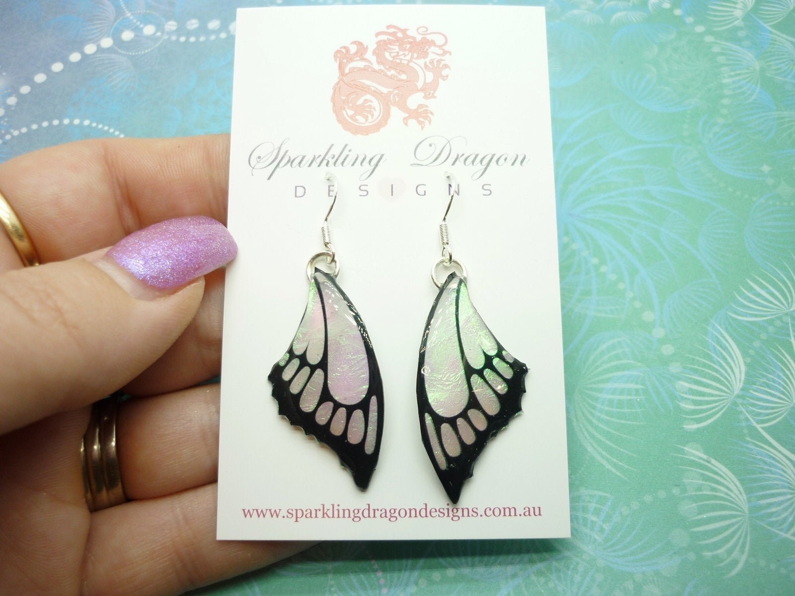 Butterfly Wings with Point Earrings Colour Shift Pink & Green - Fairy Jewellery, Fairy Wing Earrings - Sparkly - Resin with Glitter Finish - Image 5