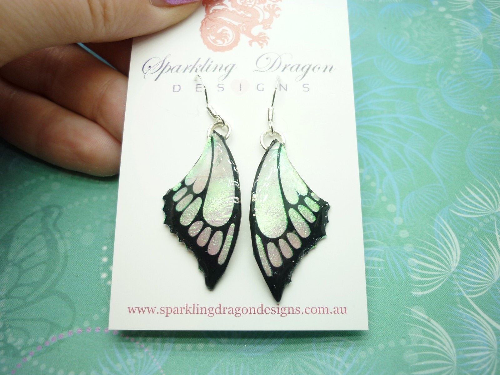 Butterfly Wings with Point Earrings Colour Shift Pink & Green - Fairy Jewellery, Fairy Wing Earrings - Sparkly - Resin with Glitter Finish - Image 4