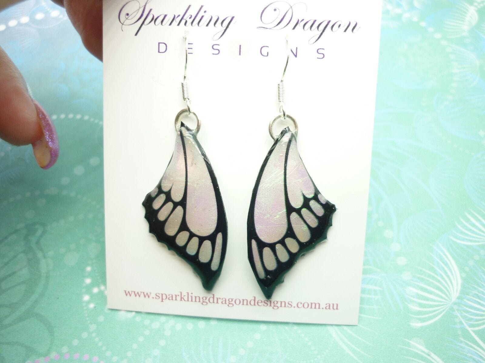 Butterfly Wings with Point Earrings Colour Shift Pink & Green - Fairy Jewellery, Fairy Wing Earrings - Sparkly - Resin with Glitter Finish - Image 7