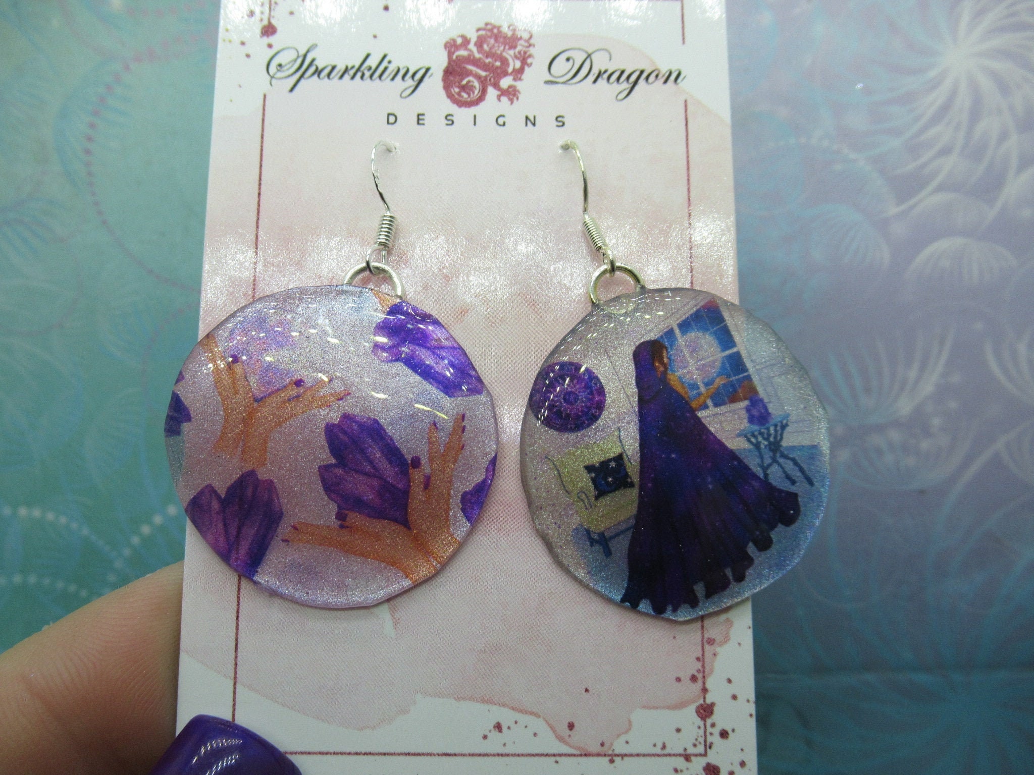Crystal Witchy Full Moon Earrings - New Age Boho gift - Purple in Resin with Glitter Finish - Image 2