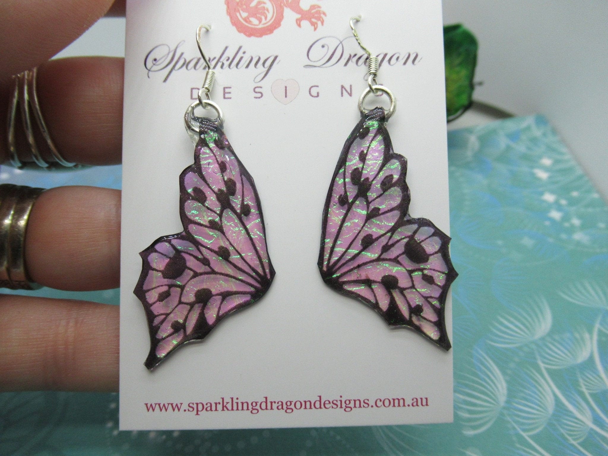 Shimmery Green Butterfly Double Wing Earrings - Fairy Jewellery, Fun Gift for her Statement Present Sparkly - Resin with Glitter Finish