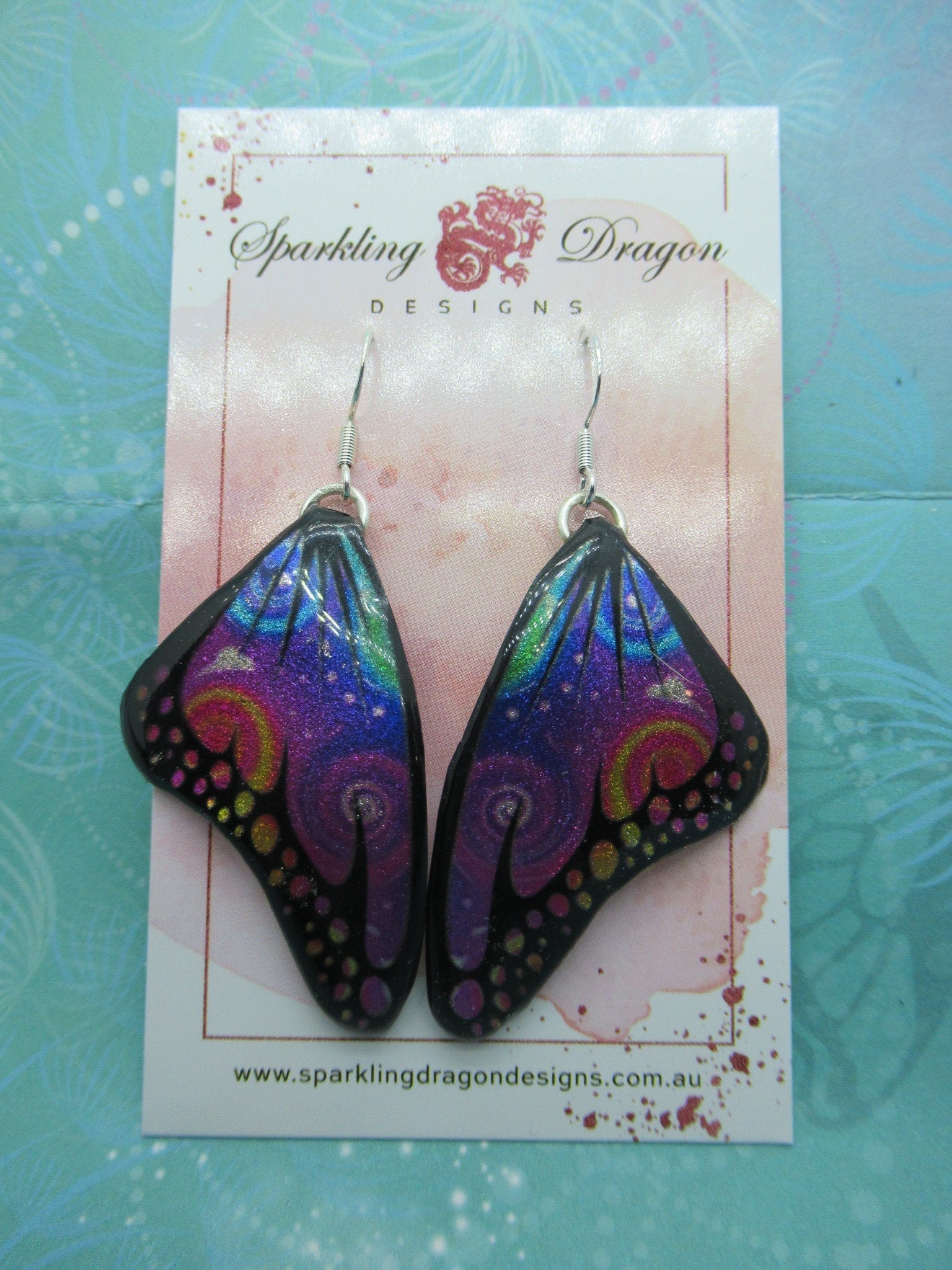 Butterfly Wing Earrings Swirling Rainbow - Fairy Jewellery, Fun Gift for her Fairy Wing Earrings - Sparkly - Resin with Glitter Finish - Image 2