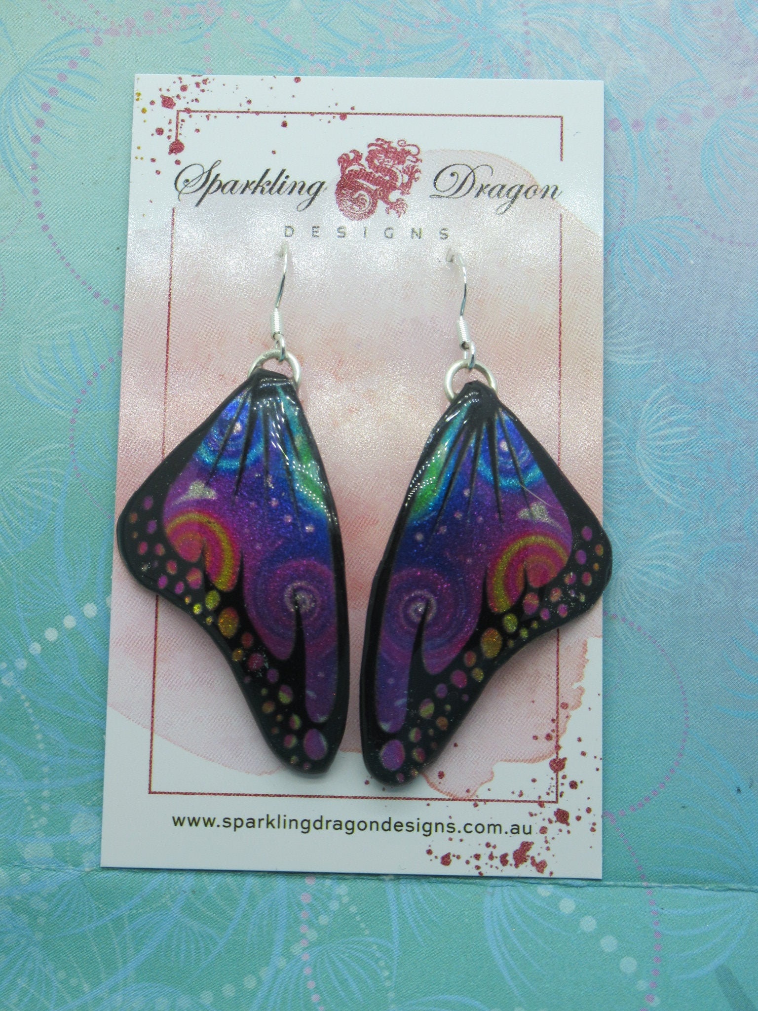 Butterfly Wing Earrings Swirling Rainbow - Fairy Jewellery, Fun Gift for her Fairy Wing Earrings - Sparkly - Resin with Glitter Finish - Image 4