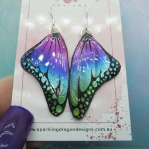 Butterfly Earrings Green to Pink - Fairy Jewellery Fun Gift for Fairy Wing Earrings - Sparkly - Resin with Glitter Finish