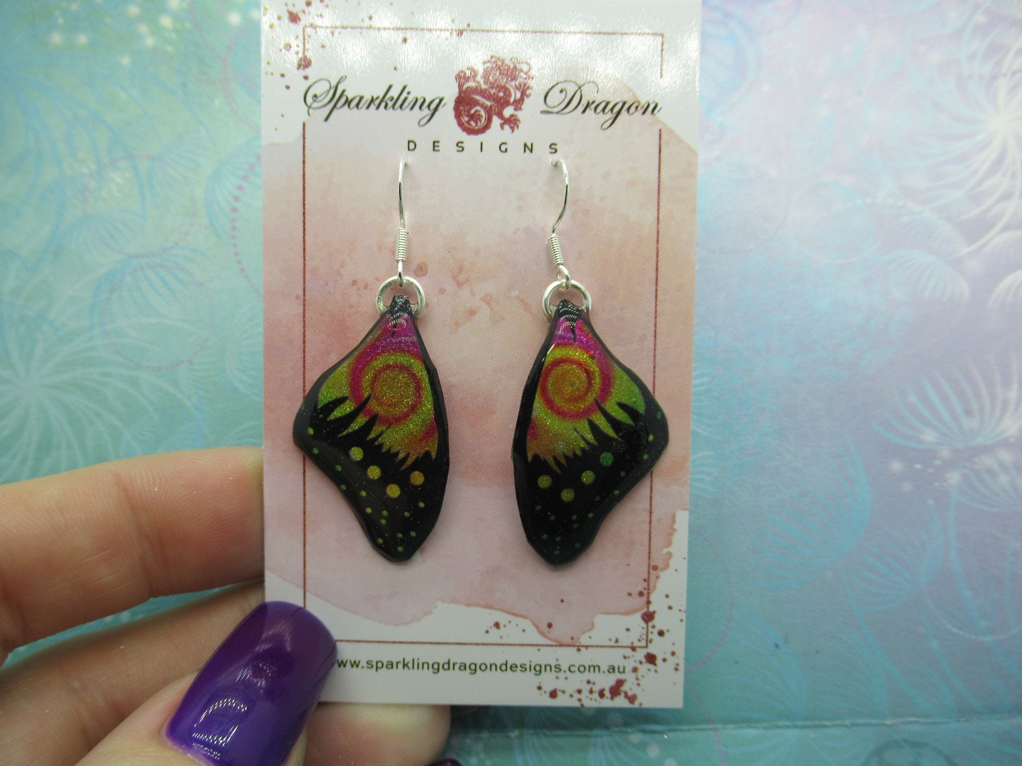 Butterfly Wing Earrings Swirling Yellow & Pink - Fairy Jewellery, Fun Gift for her Statement Present Sparkly - Resin with Glitter Finish - Image 4