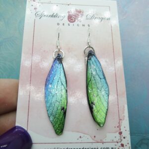 Butterfly Earrings Blue & Green Yellow Sparkle - Fairy Jewellery, Fun Gift for her Statement Present Sparkly - Resin with Glitter Finish