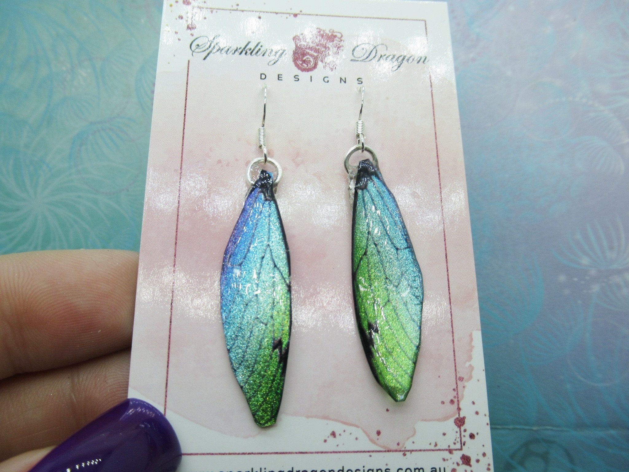Butterfly Earrings Blue & Green Yellow Sparkle - Fairy Jewellery, Fun Gift for her Statement Present Sparkly - Resin with Glitter Finish