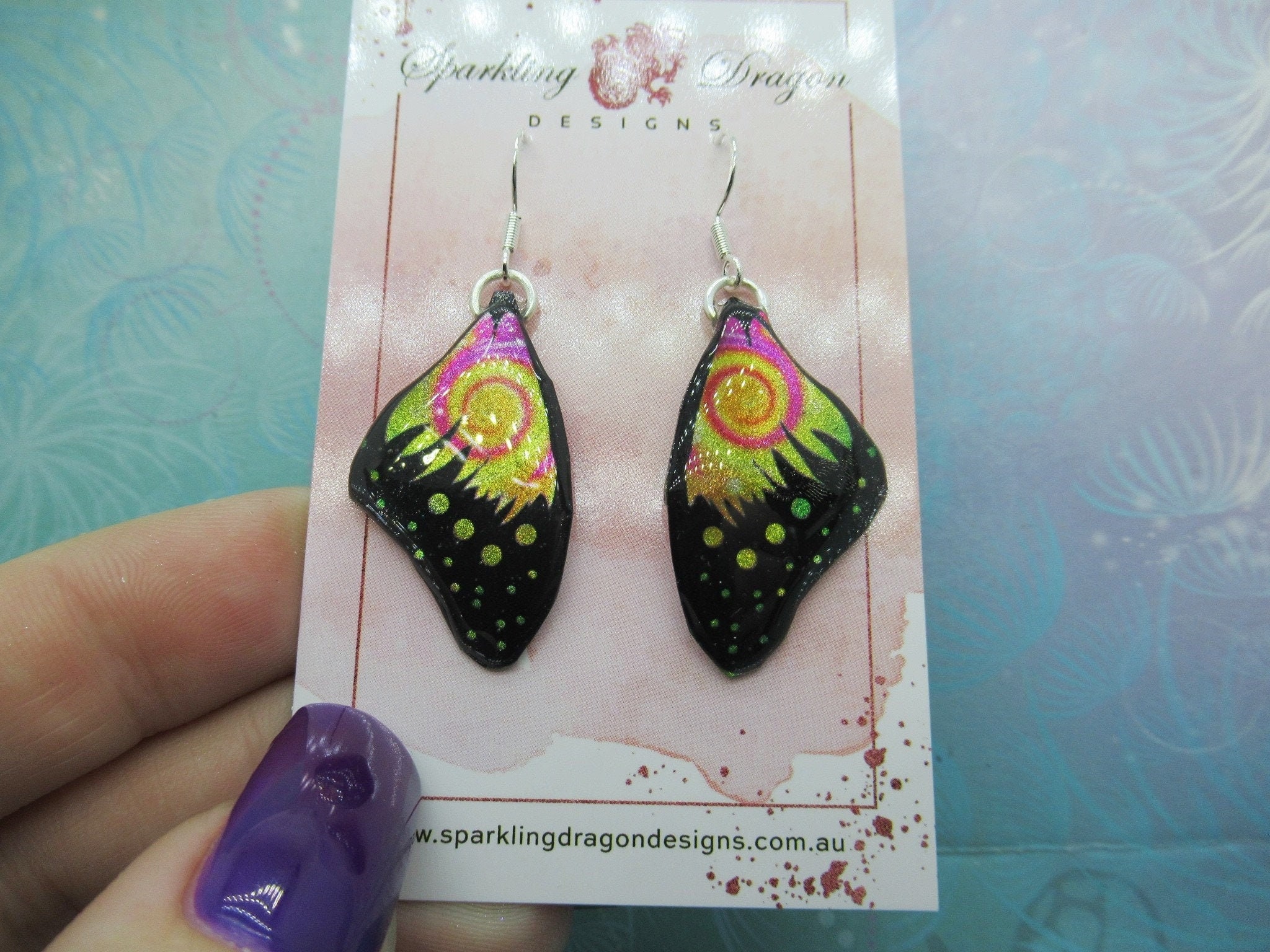 Butterfly Wing Earrings Swirling Yellow & Pink - Fairy Jewellery, Fun Gift for her Statement Present Sparkly - Resin with Glitter Finish