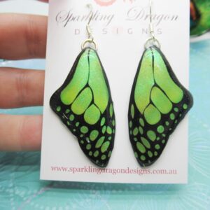Butterfly Wing Medium Size Earrings Green Stained Glass- Fairy Jewellery, Fairy Wing Earrings - Sparkly - Resin with Glitter Finish