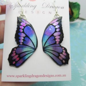 Butterfly Double Wing Earrings Purple & Blue - Fairy Jewellery, Fun Gift for her Fairy Wing Earrings - Sparkly - Resin with Glitter Finish