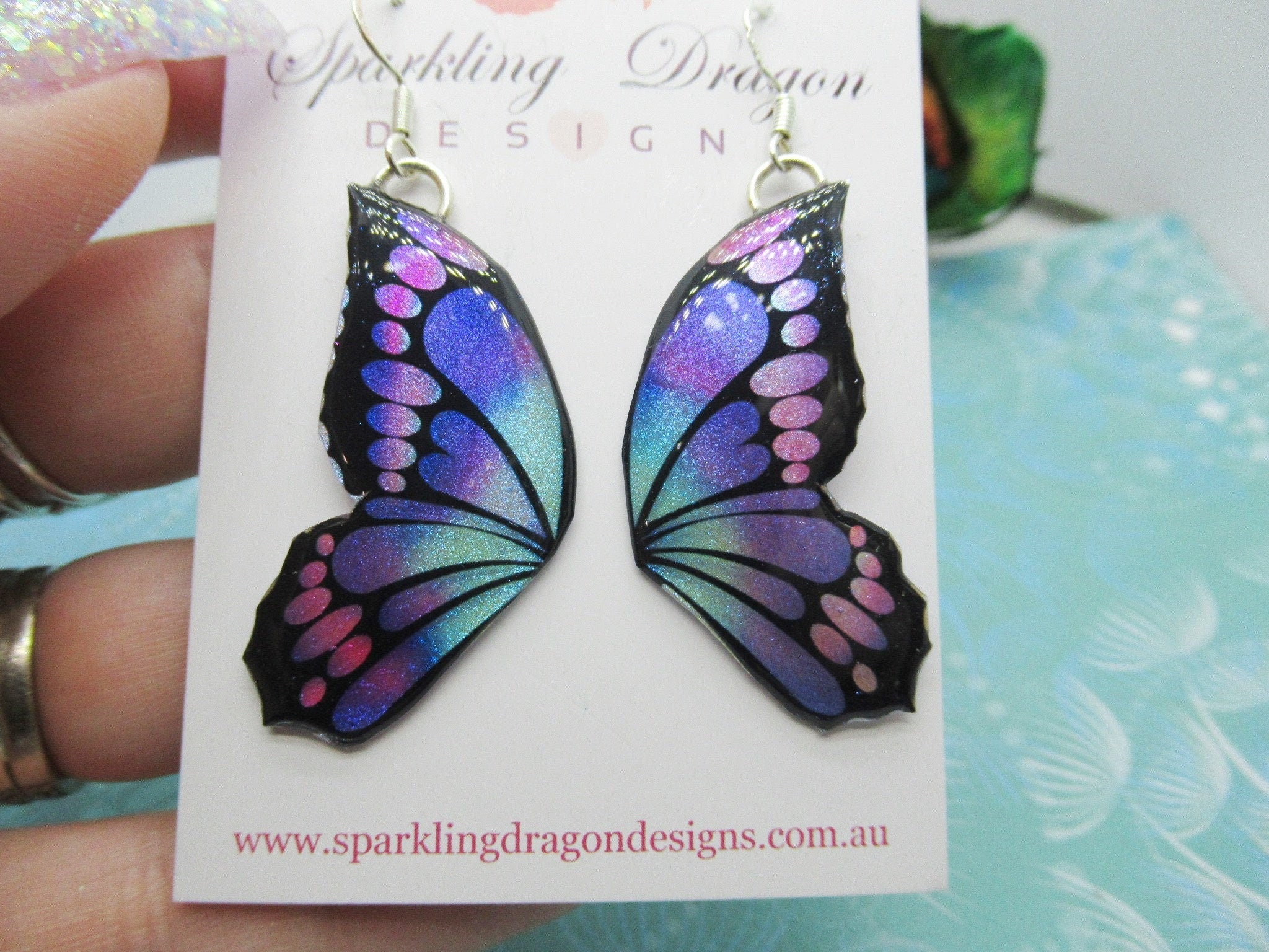 Butterfly Double Wing Earrings Purple & Blue - Fairy Jewellery, Fun Gift for her Fairy Wing Earrings - Sparkly - Resin with Glitter Finish