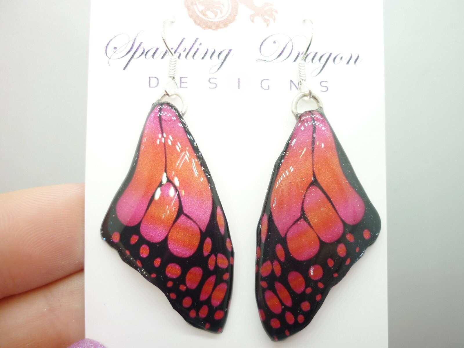 Butterfly Wing Large Size Earrings Soft Blue Stained Glass- Fairy Jewellery, Fairy Wing Earrings - Sparkly - Resin with Glitter Finish - Image 4