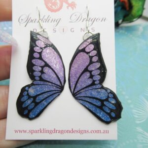 Butterfly Double Wing Earrings Purple & Blue - Fairy Jewellery, Fun Gift for her Fairy Wing Earrings - Sparkly - Resin with Glitter Finish