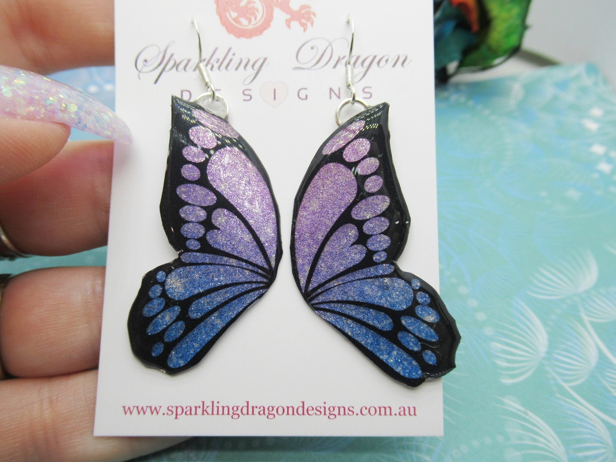 Butterfly Double Wing Earrings Purple & Blue - Fairy Jewellery, Fun Gift for her Fairy Wing Earrings - Sparkly - Resin with Glitter Finish