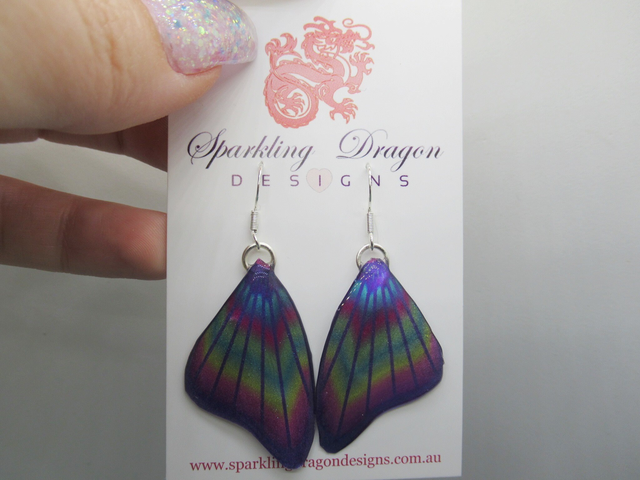 Butterfly Wing Earrings Purple & Rainbow- Fairy Jewellery, Fun Gift for her Fairy Wing Earrings - Sparkly - Resin with Glitter Finish - Image 3