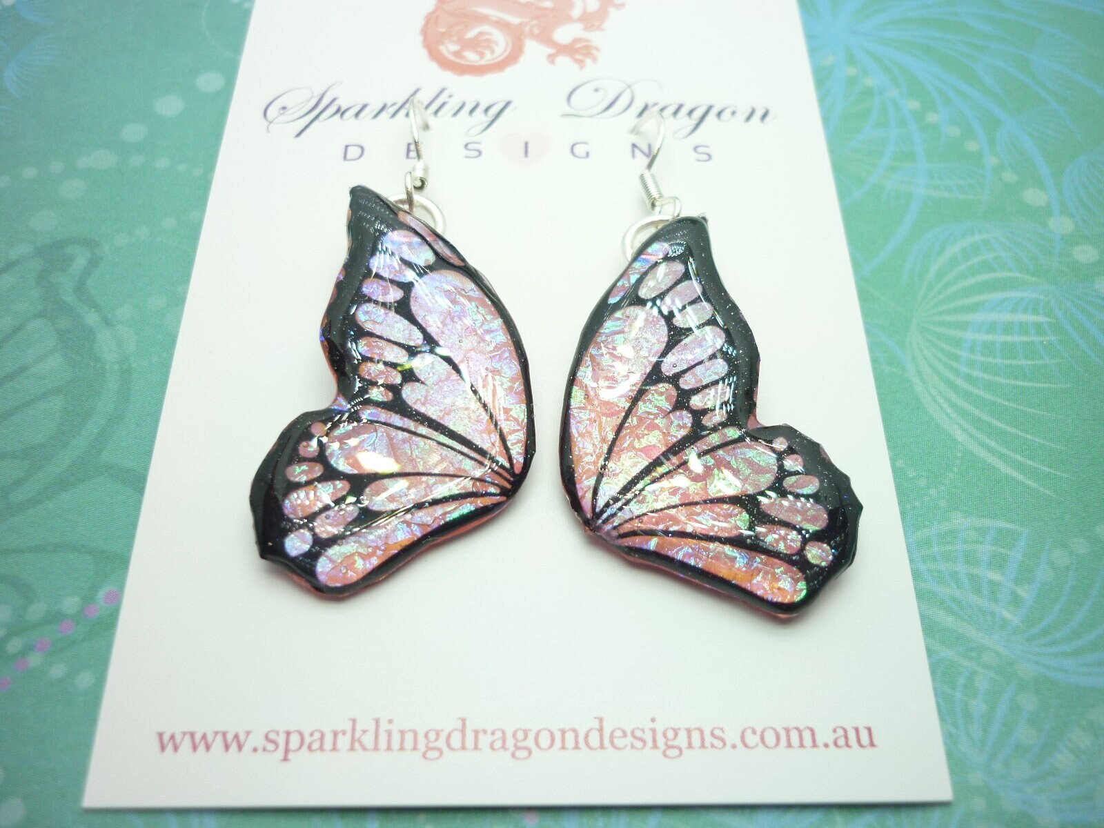 Shimmery Pink Green Butterfly Double Wing Earrings - Fairy Jewellery, Fun Gift Fairy Wing Earrings - Sparkly - Resin with Glitter Finish - Image 8