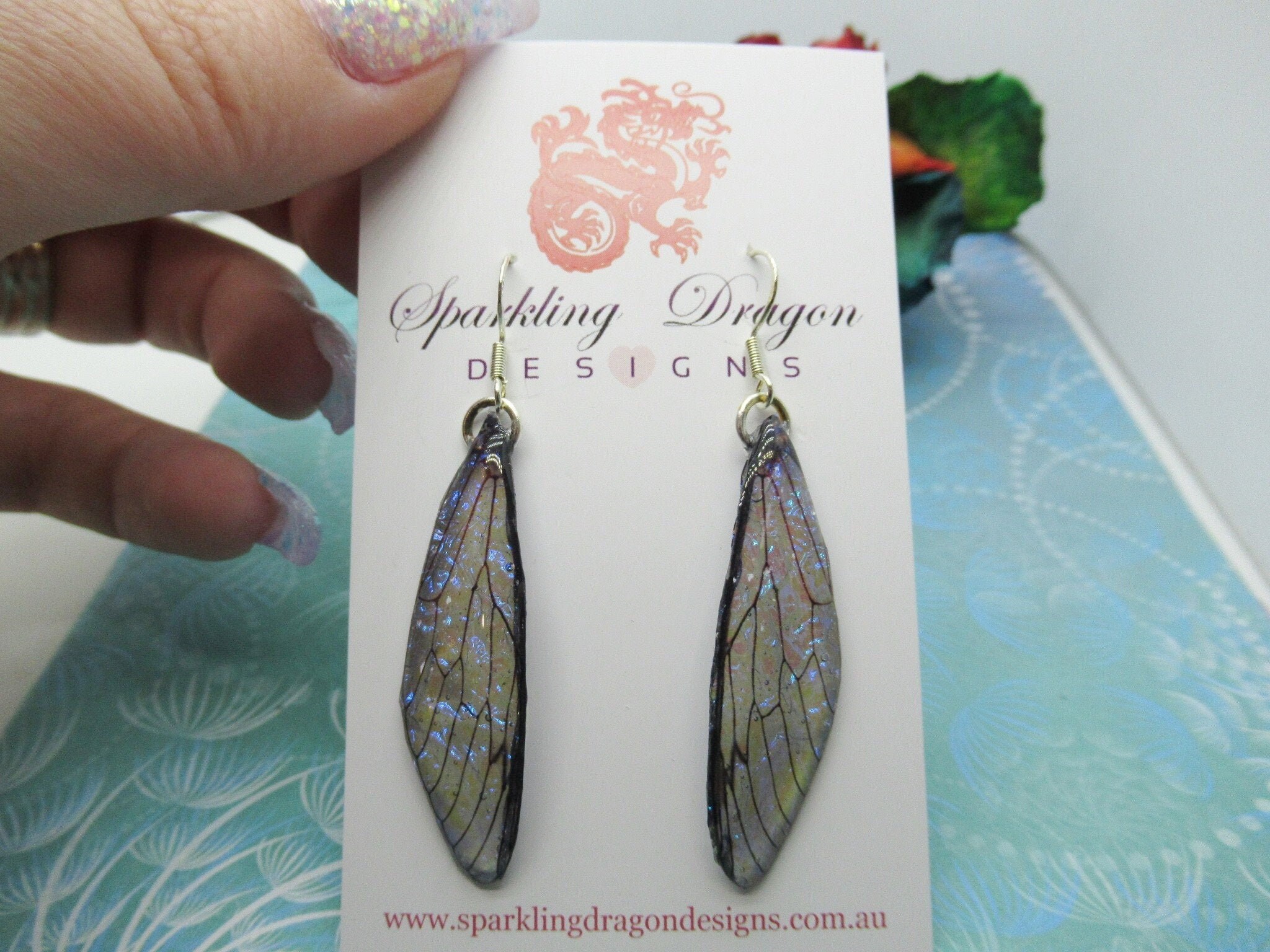Butterfly Shimmer Wing Earrings - Fairy Jewellery, Fun Gift Fairy Wing Earrings - Sparkly - Rainbow Resin with Glitter Finish Dragonfly