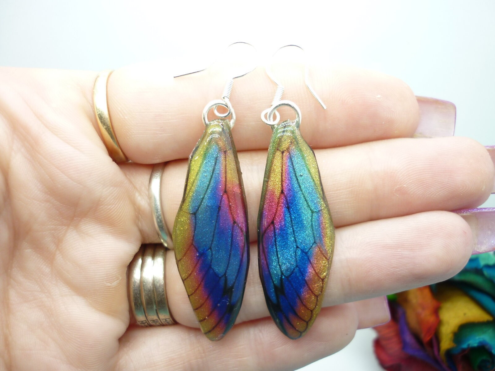 Butterfly Wing Earrings - Fairy Jewellery, Fun Gift for her Fairy Wing Earrings - Sparkly - Rainbow Resin with Glitter Finish Dragonfly - Image 4