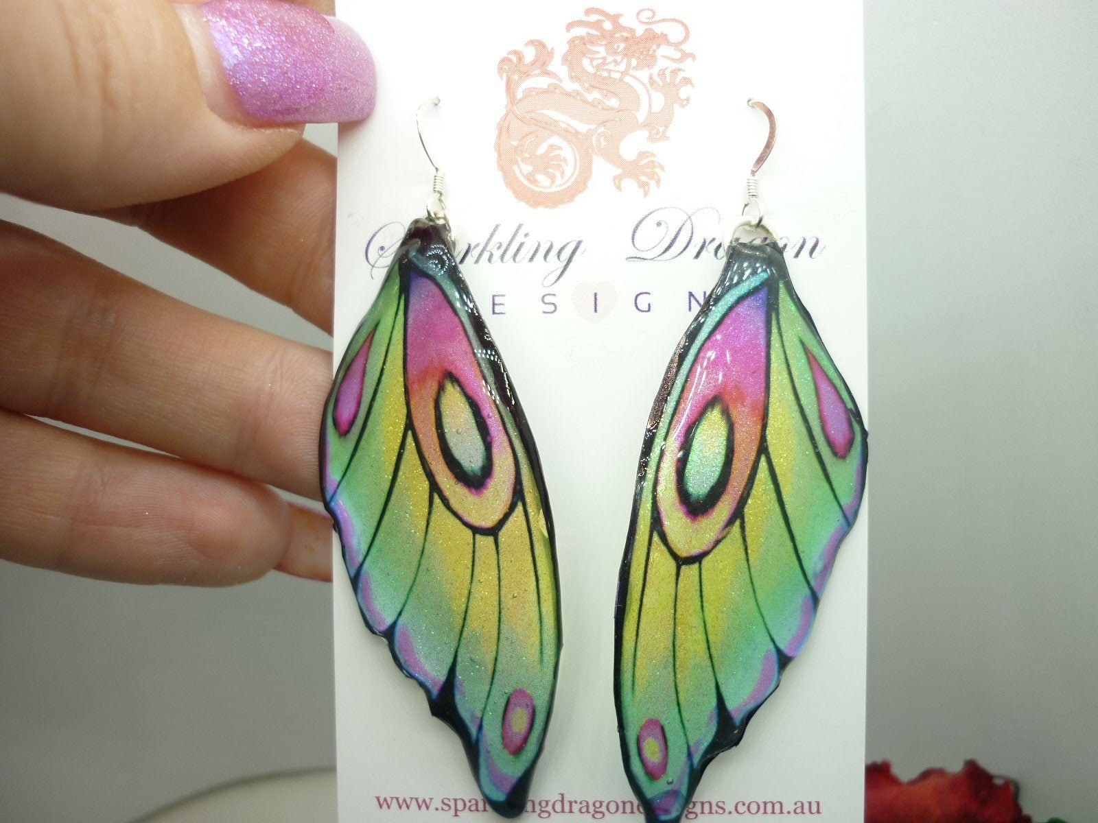 Butterfly Wing Earrings Pale Green Yellow - Fairy Jewellery, Fun Gift Fairy Wing Earrings - Sparkly - Rainbow Resin with Glitter Finish