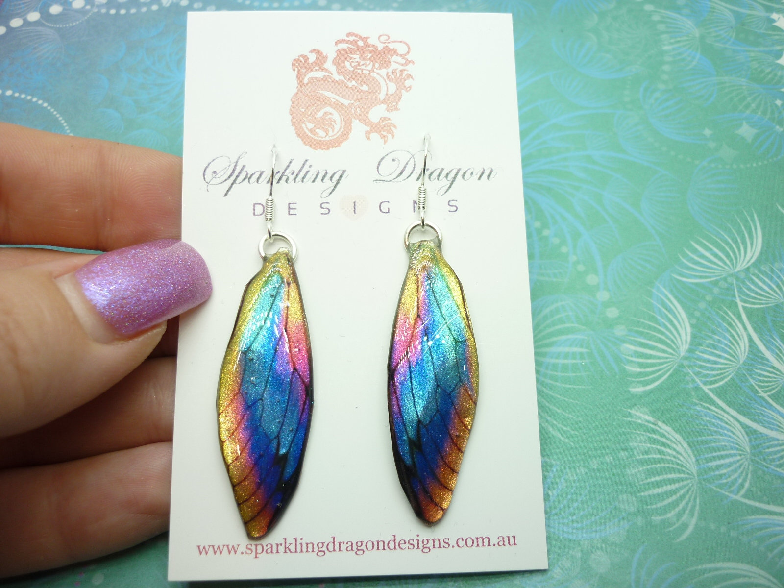 Butterfly Wing Earrings - Fairy Jewellery, Fun Gift for her Fairy Wing Earrings - Sparkly - Rainbow Resin with Glitter Finish Dragonfly - Image 6