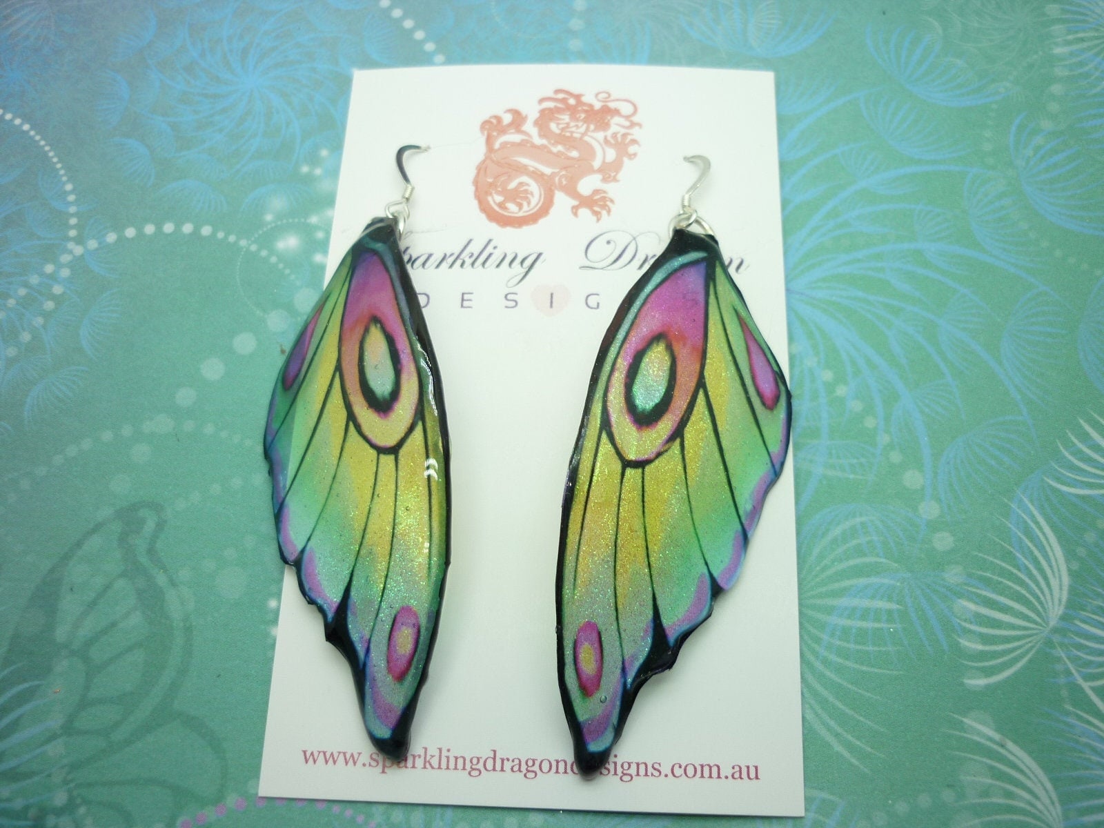 Butterfly Wing Earrings Pale Green Yellow - Fairy Jewellery, Fun Gift Fairy Wing Earrings - Sparkly - Rainbow Resin with Glitter Finish - Image 5
