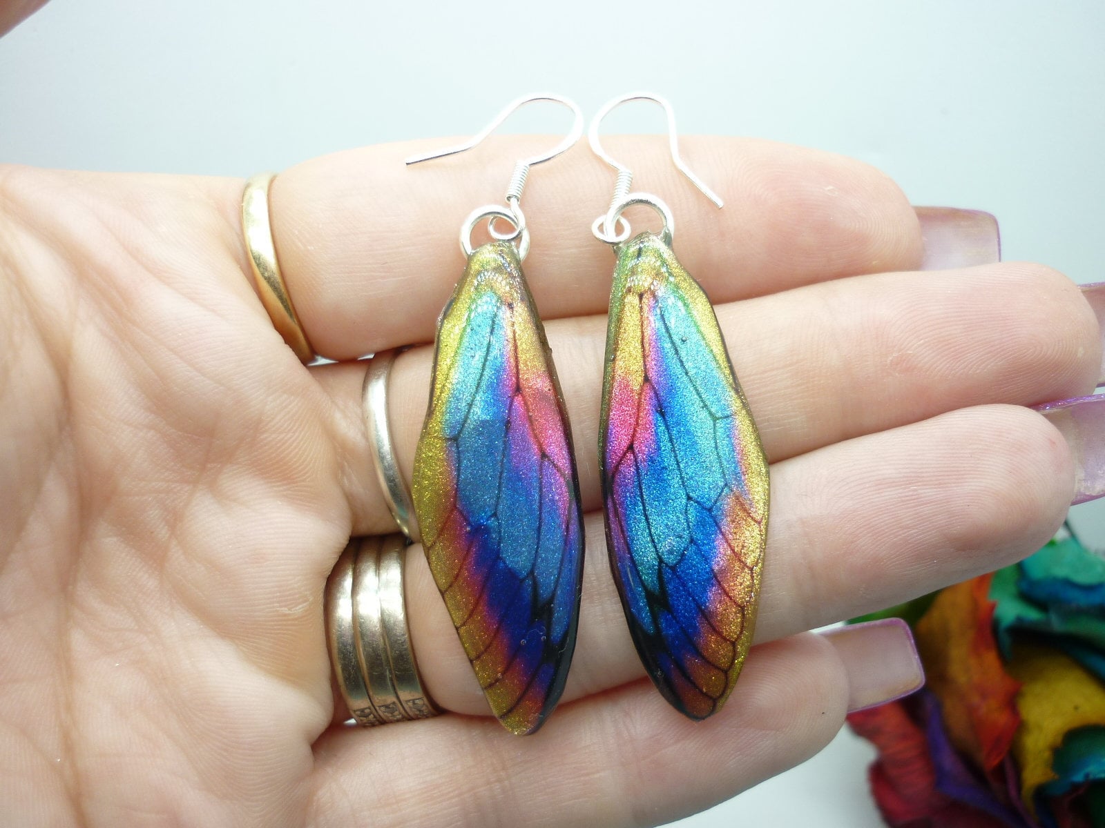 Butterfly Wing Earrings - Fairy Jewellery, Fun Gift for her Fairy Wing Earrings - Sparkly - Rainbow Resin with Glitter Finish Dragonfly - Image 3