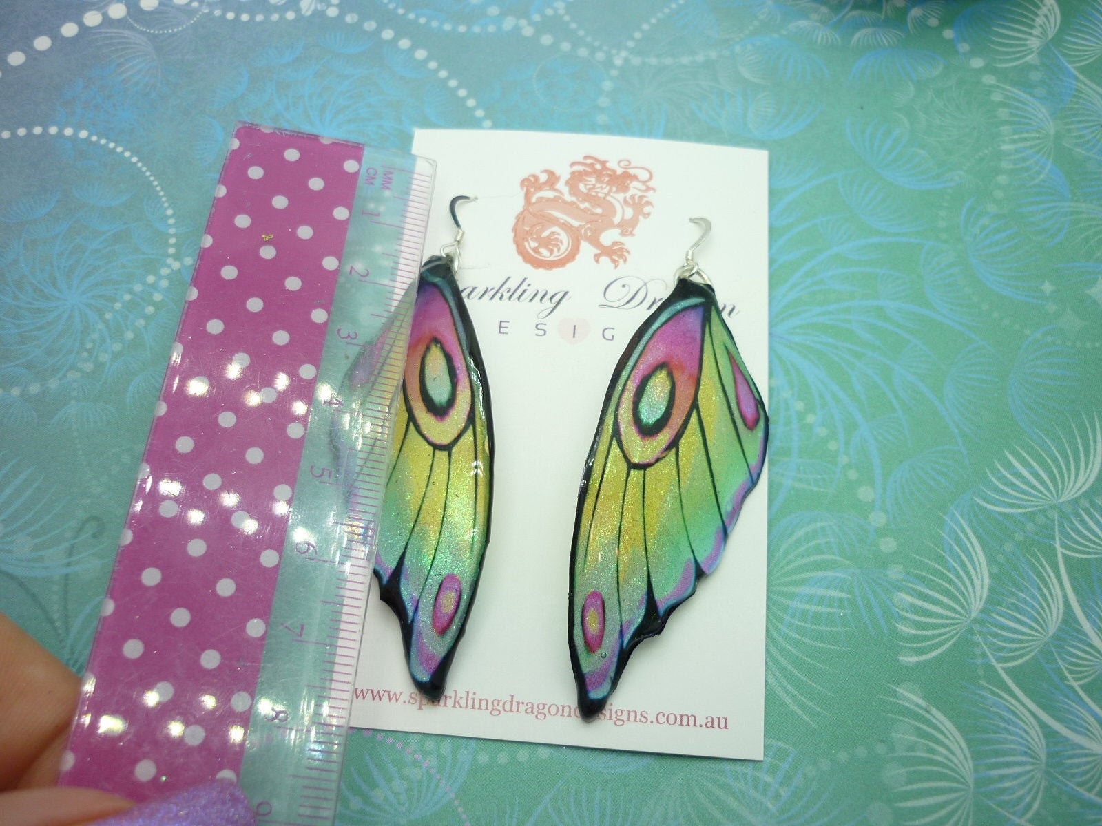 Butterfly Wing Earrings Pale Green Yellow - Fairy Jewellery, Fun Gift Fairy Wing Earrings - Sparkly - Rainbow Resin with Glitter Finish - Image 6