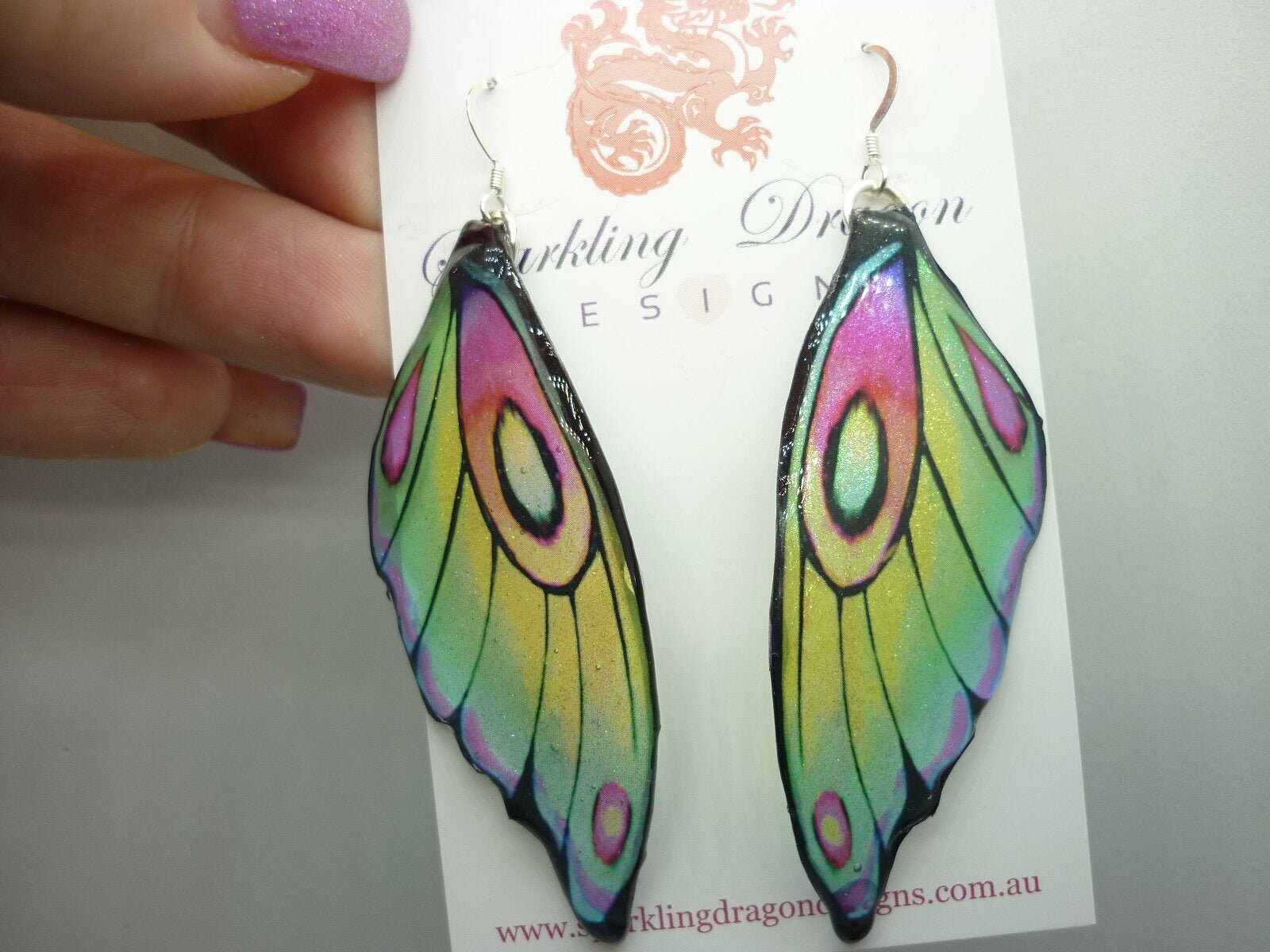 Butterfly Wing Earrings Pale Green Yellow - Fairy Jewellery, Fun Gift Fairy Wing Earrings - Sparkly - Rainbow Resin with Glitter Finish - Image 4