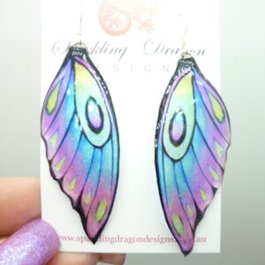 Butterfly Wing Earrings Pale Blue Purple Green Fairy Jewellery, Fun Gift for her Fairy Wing Earrings - Sparkly - Resin with Glitter Finish