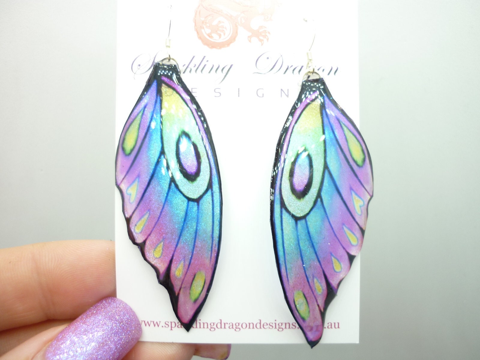 Butterfly Wing Earrings Pale Blue Purple Green Fairy Jewellery, Fun Gift for her Fairy Wing Earrings - Sparkly - Resin with Glitter Finish
