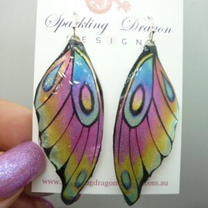 Butterfly Wing Earrings - Pale Rainbow Fairy Jewellery, Fun Gift for her Fairy Wing Earrings - Sparkly - Rainbow Resin with Glitter Finish