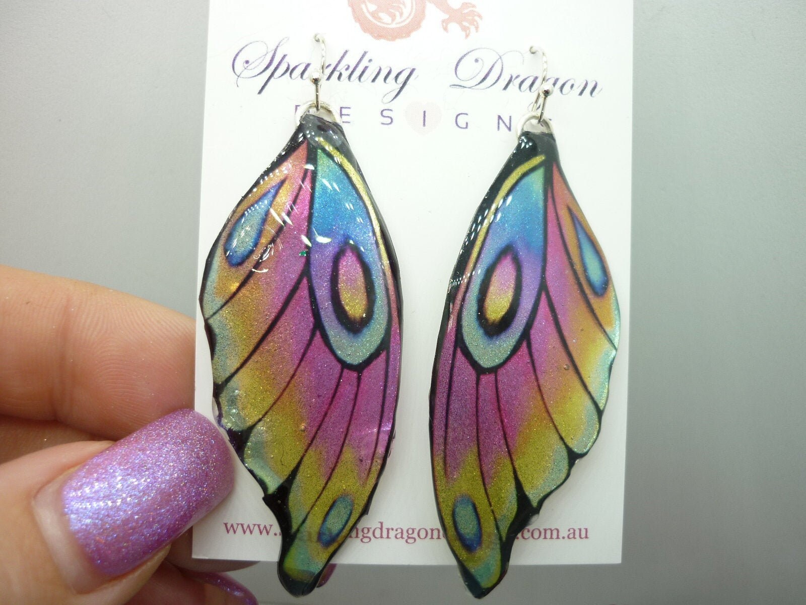 Butterfly Wing Earrings - Pale Rainbow Fairy Jewellery, Fun Gift for her Fairy Wing Earrings - Sparkly - Rainbow Resin with Glitter Finish