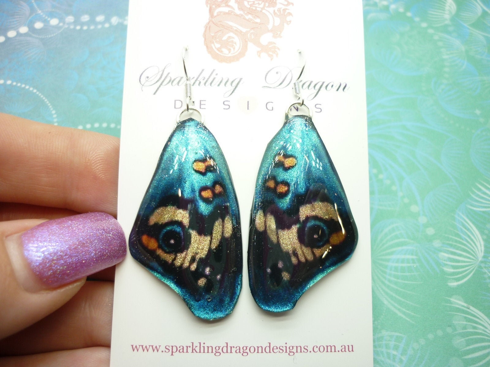 Butterfly Wing Big Earrings Blue & Yellow - Fairy Jewellery, Fun Gift for her Fairy Wing Earrings - Sparkly - Resin with Glitter Finish - Image 5