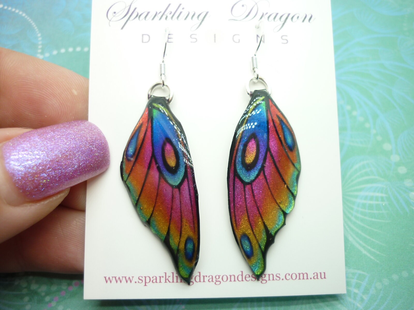 Butterfly Wing Earrings Rainbow - Fairy Jewellery, Fun Gift for her Fairy Wing Earrings - Sparkly - Resin with Glitter Finish - Image 4