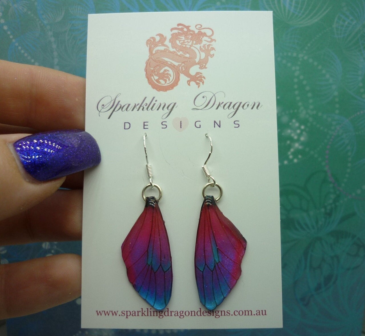 Butterfly Wing Earrings Red, Pink, Purple & Blue- Fairy Jewellery, Fun Gift for her Statement Present Sparkly - Resin with Glitter Finish - Image 2