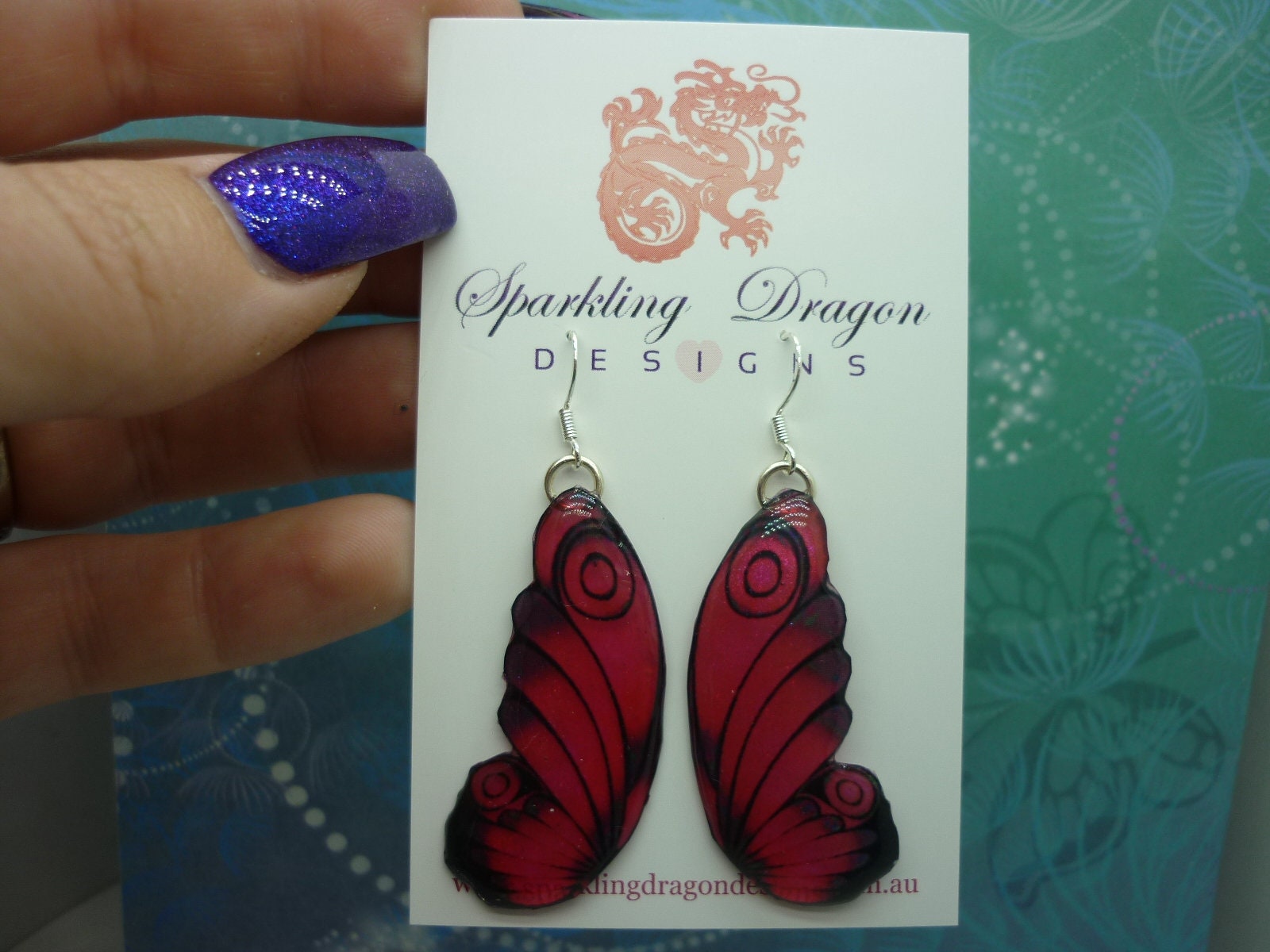 Butterfly Double Wing Earrings Red & Black - Fairy Jewellery, Fun Gift for her Fairy Wing Earrings - Sparkly - Resin with Glitter Finish - Image 2
