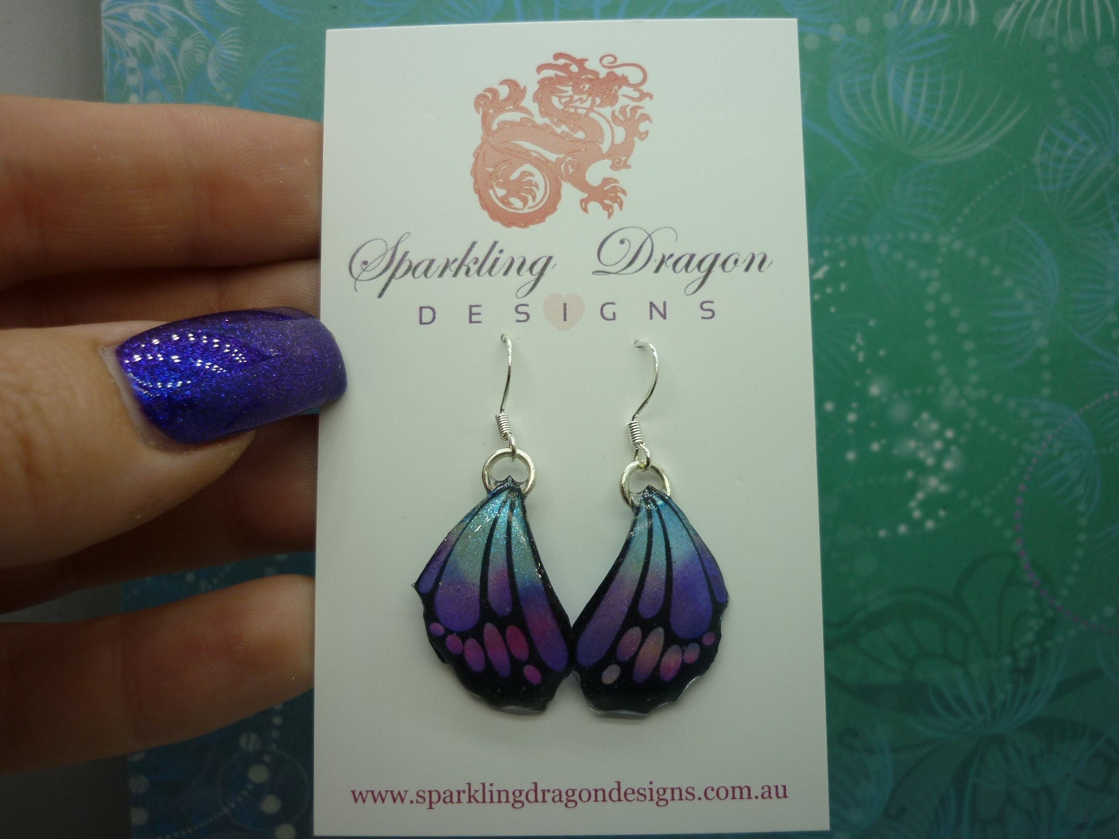 Butterfly Wing Earrings Blue Purple & Pink - Fairy Jewellery, Fun Gift for her Fairy Wing Earrings - Sparkly - Resin with Glitter Finish