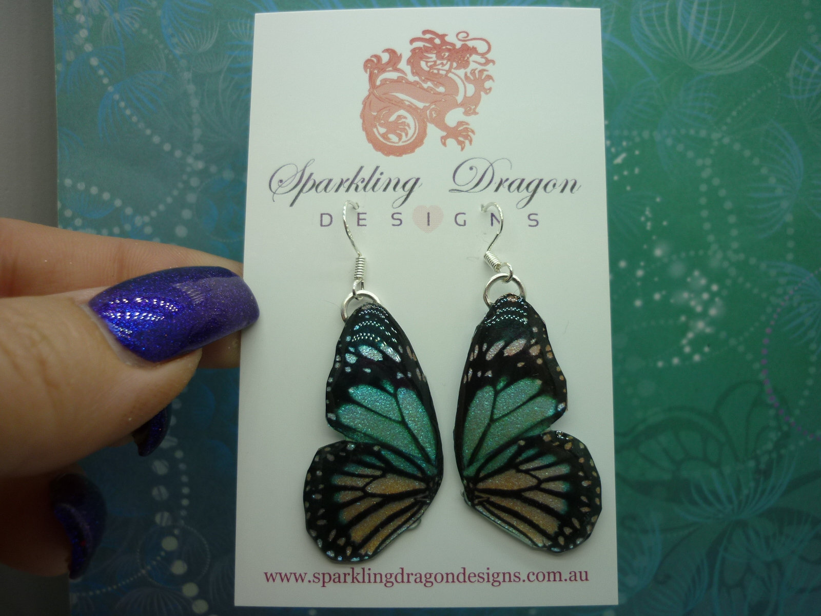 Butterfly Double Wing Earrings Blue and Yellow - Fairy Jewellery, Fun Gift for her Statement Present Sparkly - Resin with Glitter Finish - Image 2