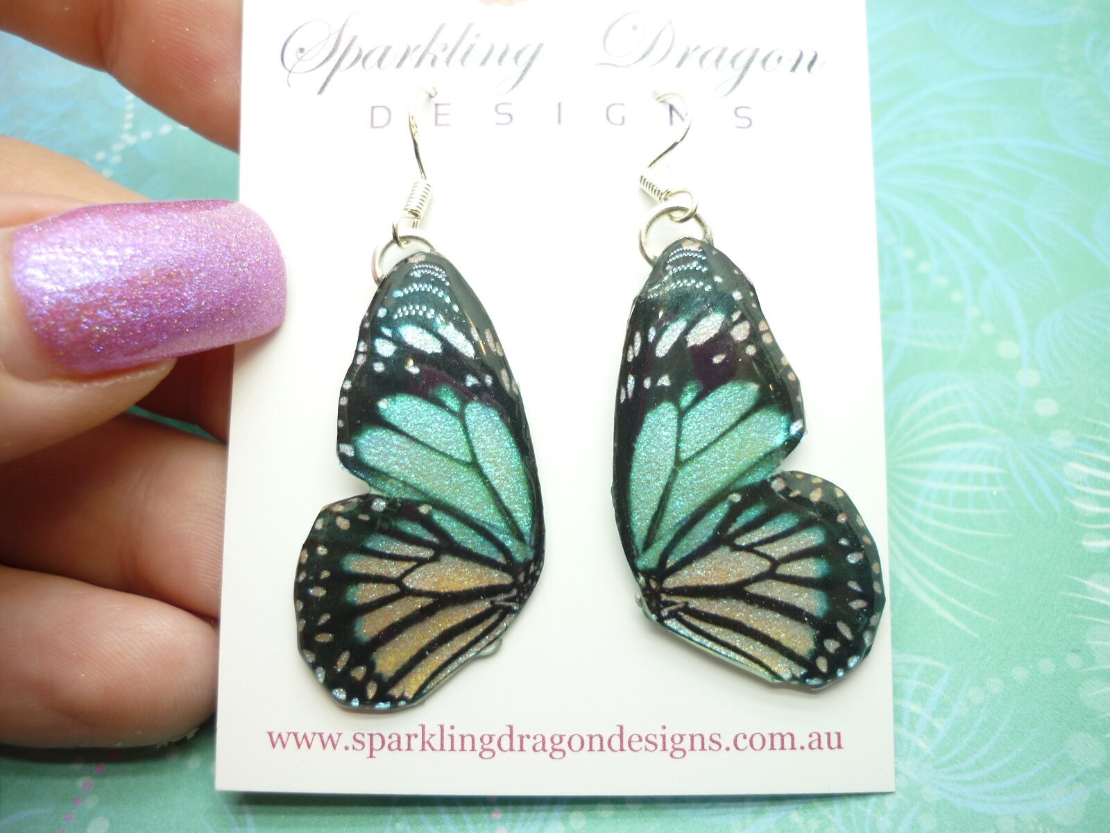 Butterfly Double Wing Earrings Blue and Yellow - Fairy Jewellery, Fun Gift for her Statement Present Sparkly - Resin with Glitter Finish - Image 4