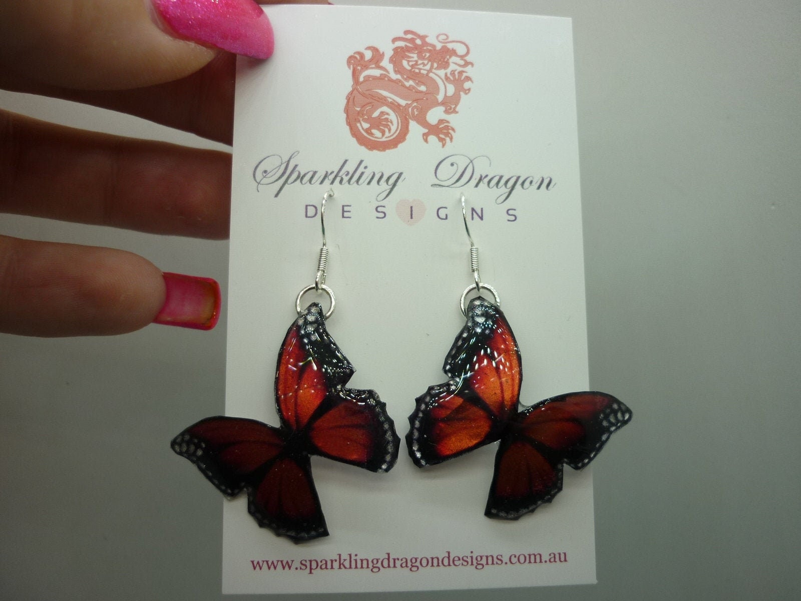 Little Red Butterfly Earrings - Fairy Jewellery, Fun Gift, Fairy Wing Earrings - Sparkly - Resin with Glitter Finish