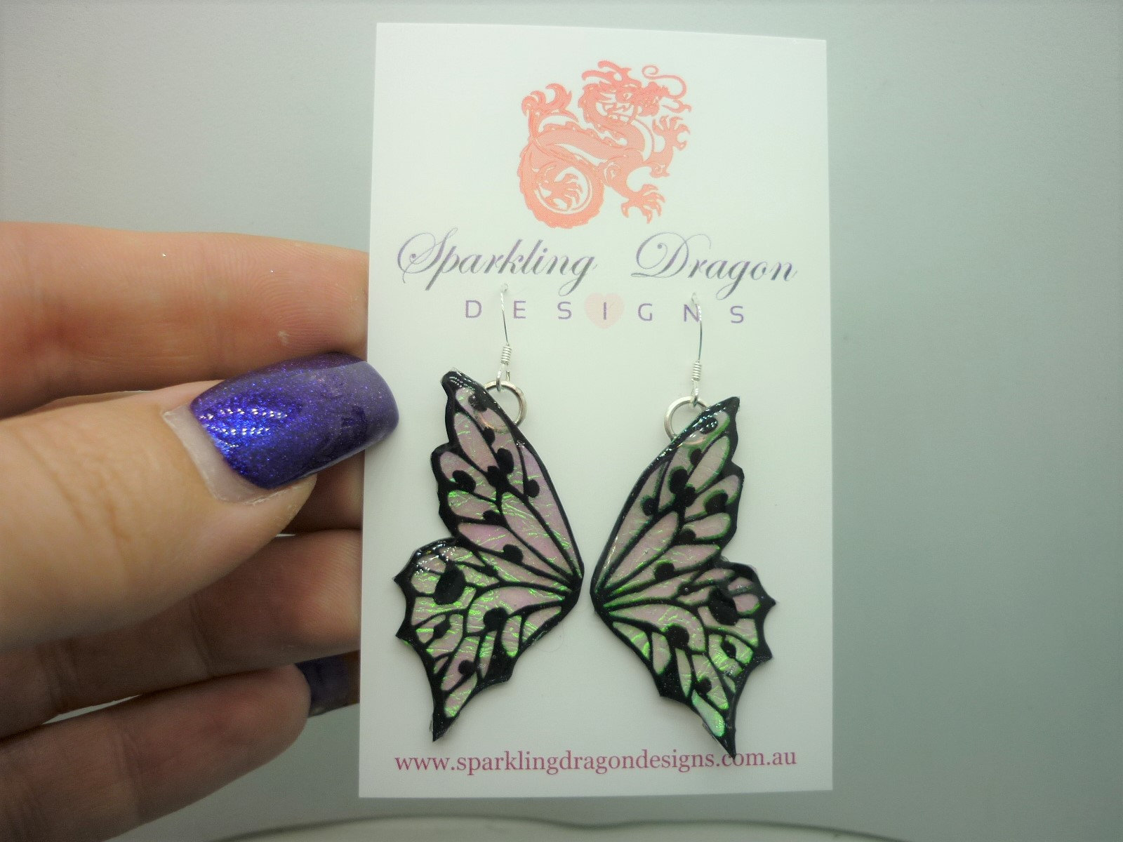 Shimmery Green Butterfly Double Wing Earrings - Fairy Jewellery, Fun Gift for her Statement Present Sparkly - Resin with Glitter Finish - Image 2
