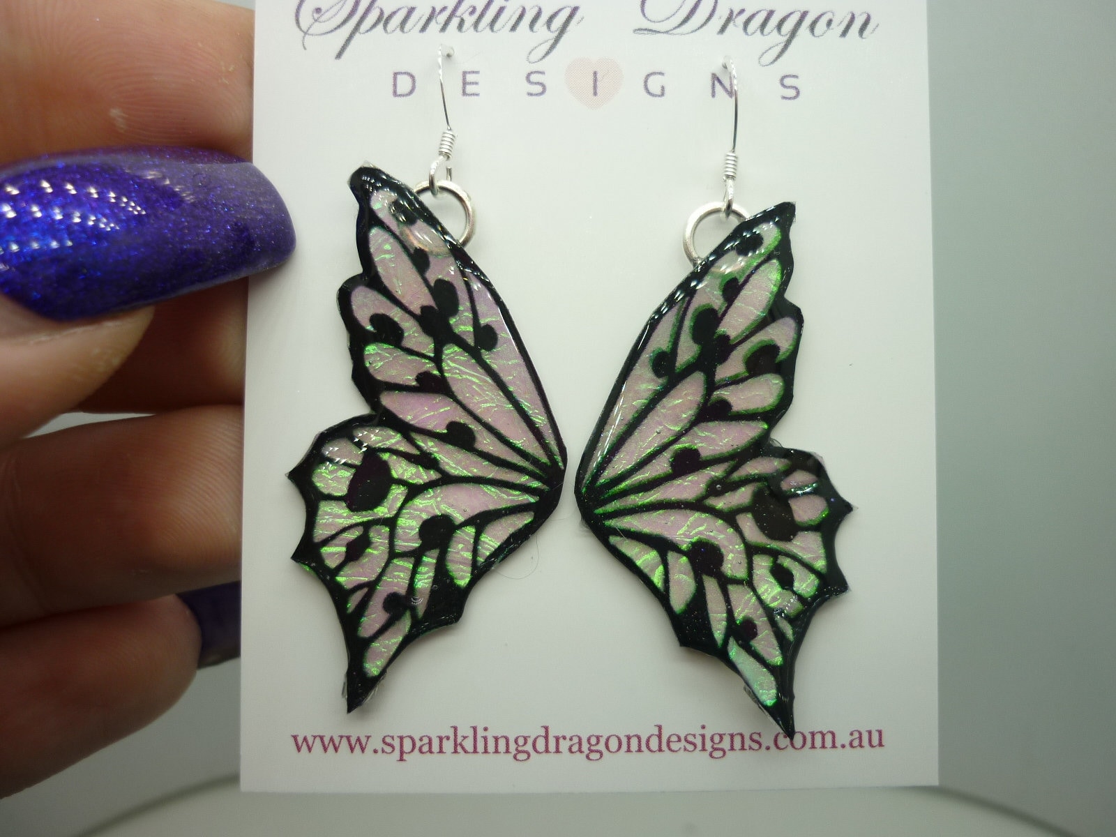 Shimmery Green Butterfly Double Wing Earrings - Fairy Jewellery, Fun Gift for her Statement Present Sparkly - Resin with Glitter Finish