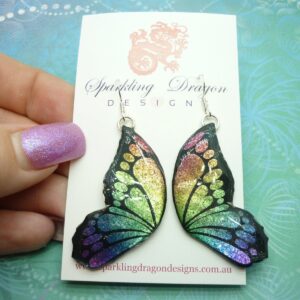 Butterfly Double Wing Earrings Blue and Yellow - Fairy Jewellery, Fun Gift for her Statement Present Sparkly - Resin with Glitter Finish