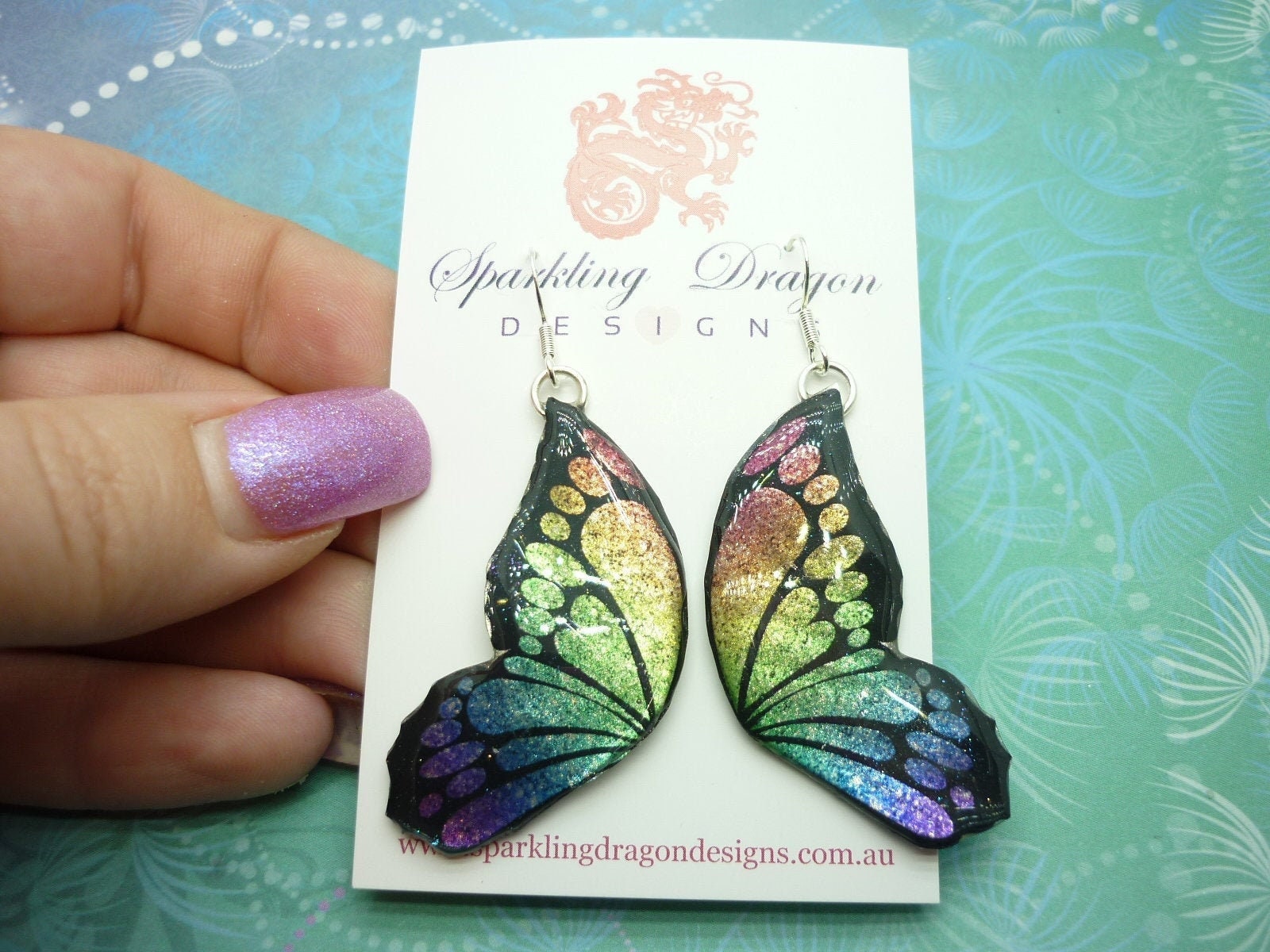 Butterfly Double Wing Earrings Blue and Yellow - Fairy Jewellery, Fun Gift for her Statement Present Sparkly - Resin with Glitter Finish