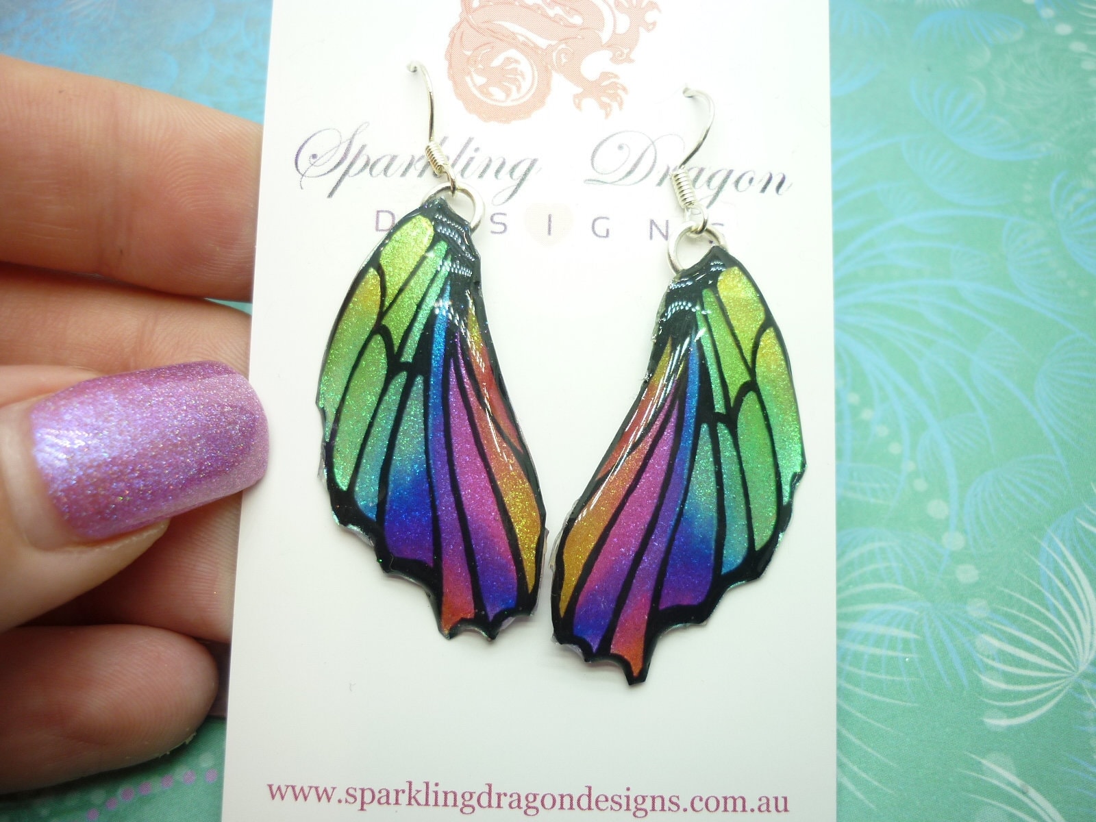 Butterfly Wing Earrings Green Purple Rainbow - Fairy Jewellery, Fun Gift for her Fairy Wing Earrings - Sparkly - Resin with Glitter Finish