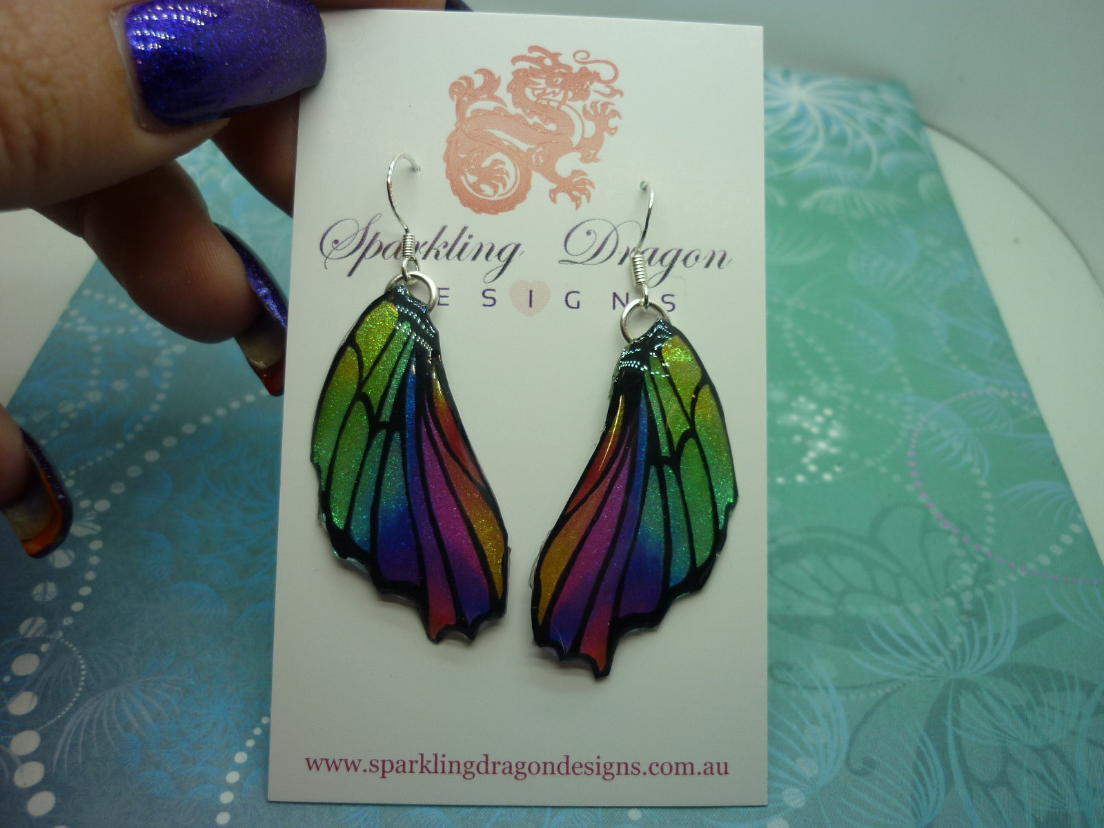 Butterfly Wing Earrings Green Purple Rainbow - Fairy Jewellery, Fun Gift for her Fairy Wing Earrings - Sparkly - Resin with Glitter Finish - Image 3