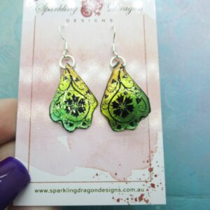 Butterfly Earrings Green & Yellow, a Flower - Fairy Jewellery, Fun Gift for her Fairy Wing Earrings - Sparkly - Resin with Glitter Finish
